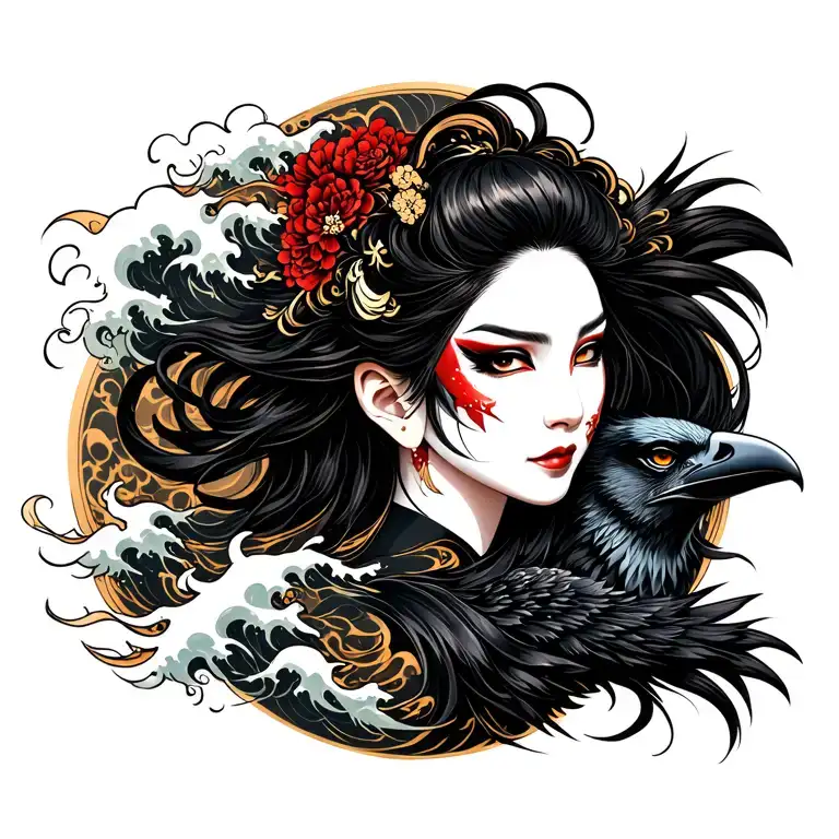 Hannya mask woman with flowing hair, fierce expression. Raven on right. Stylized Japanese waves on left  tattoo design idea
