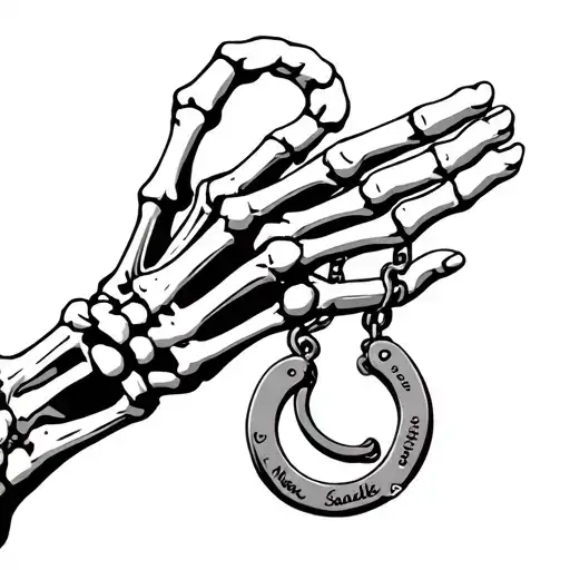 skeleton hand reaching out with handcuffs on it, handcuffs are broken representing "new chains same shackles" tattoo design idea