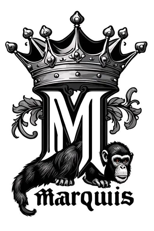 "Marquis " the name marquis is in cursive letters I want a crown on the M and on the bottom of the name and a monkey at the bottom  tattoo design idea