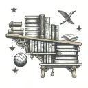 A tattoo design of a library shelf filled with books on various sports and academic subjects, with a banner that reads 'Knowledge is Power' tattoo design idea