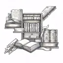 A tattoo design of a library shelf filled with books on various sports and academic subjects, with a banner that reads 'Knowledge is Power' tattoo design idea
