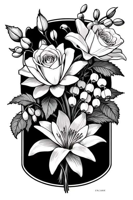 Larkspur, water lily, rose, honeysuckle, lily of the valley, and hawthorn tattoo in a bouquet with the name ivory incorp tattoo design idea