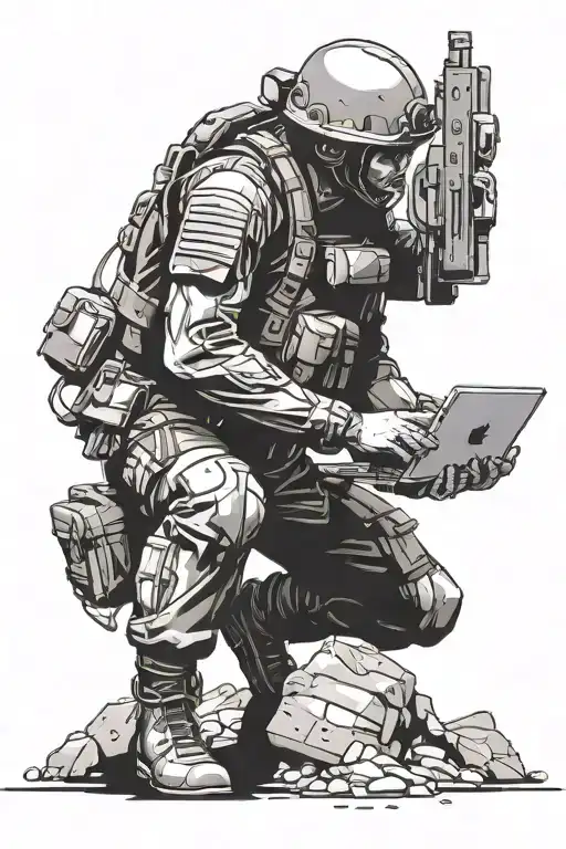 Soldier Fixing Secure Computer in combat tattoo design idea
