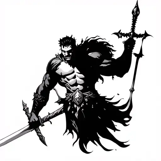 musclular angry illyrian warrior holding a sword in his one hand and a libra on the other hand. water must show tattoo design idea