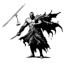 musclular angry illyrian warrior holding a sword in his one hand and a libra on the other hand. water must show tattoo design idea