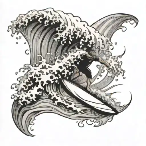 surfer trapped in waves 3d tattoo design idea