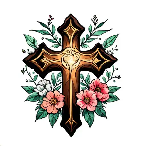 cross surrounded by sobriety, family, flowera tattoo design idea