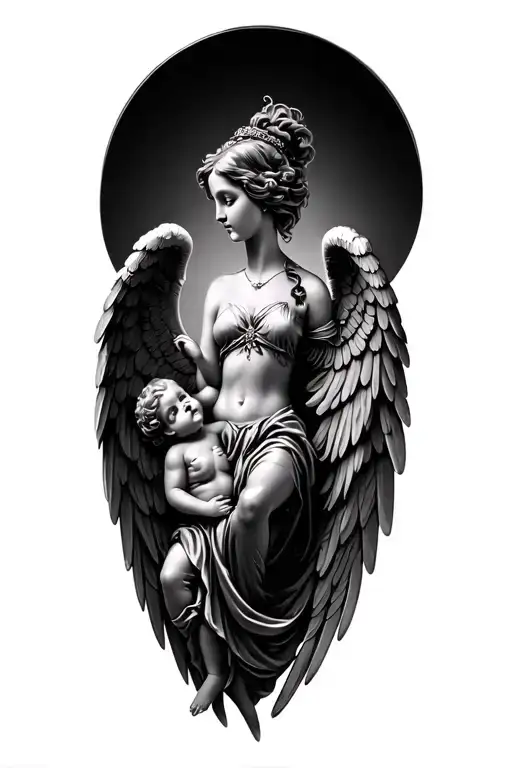 beautiful female angel metal wings and a small cherub, metal like, dark tattoo design idea