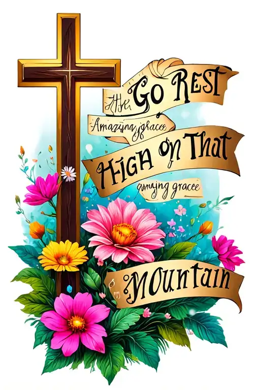 "Go rest high on that mountain " amazing grace lyrics and cross and bright flowers growing tattoo design idea