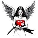 woman angel crying, holding heart in one arm and knife in other tattoo design idea