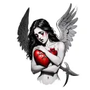woman angel crying, holding heart in one arm and knife in other tattoo design idea