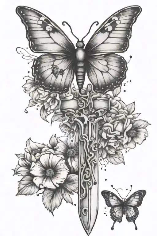 delicate flowers, sword, butterfly, skeleton hand holding tattoo design idea