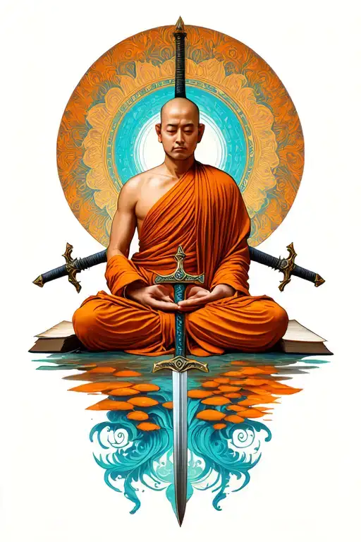 saffron monk meditating books swords laid tattoo design idea