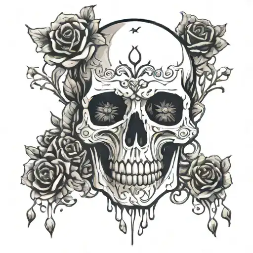 skull, emperor tarot design, veins, a sprinkle of petals in fire, death, andry tattoo design idea