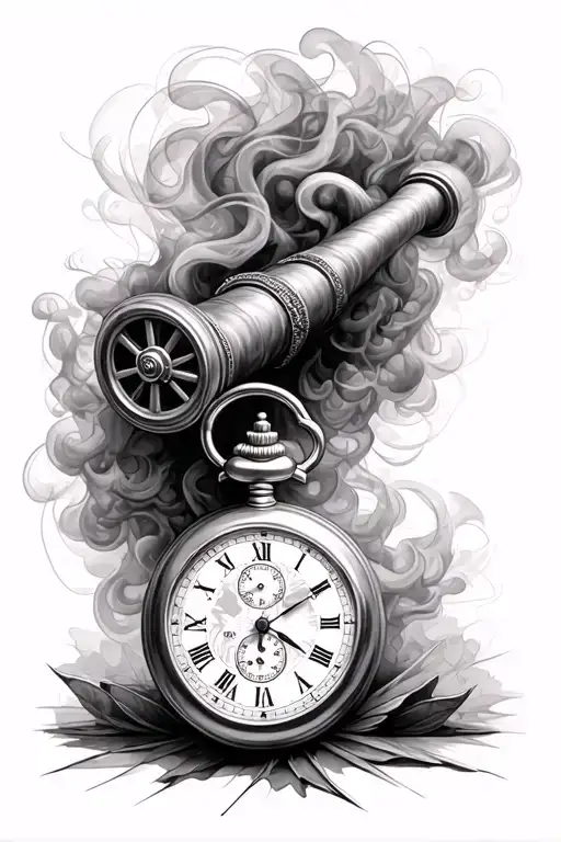 realistic cannon smoke swirling, oasis slide away lyrics incorporated, pocket watch, map, 09/07/2004 tattoo design idea