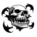 Black and white vampire skull with BIG fangs, missing pieces of its skull and its jaw unhinged tattoo design idea