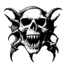 Black and white vampire skull with BIG fangs, missing pieces of its skull and its jaw unhinged tattoo design idea