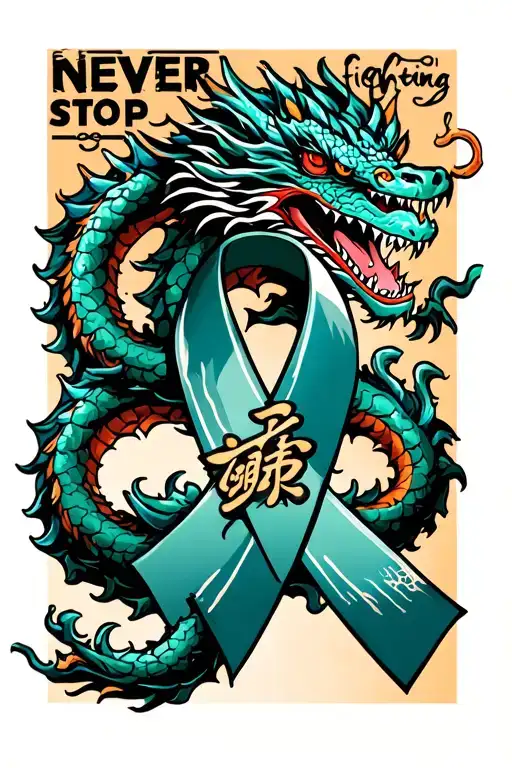 "Never stop fighting" Colon Cancer ribbon & a Japanese dragon wrapped around a stylized cross tattoo design idea