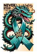 "Never stop fighting" Colon Cancer ribbon & a Japanese dragon wrapped around a stylized cross tattoo design idea