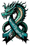 "Never stop fighting" Colon Cancer ribbon & a Japanese dragon wrapped around a stylized cross tattoo design idea