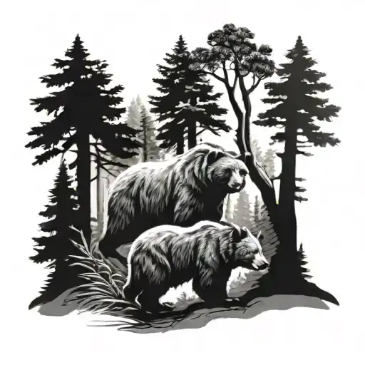 forest  with bear family  tattoo design idea