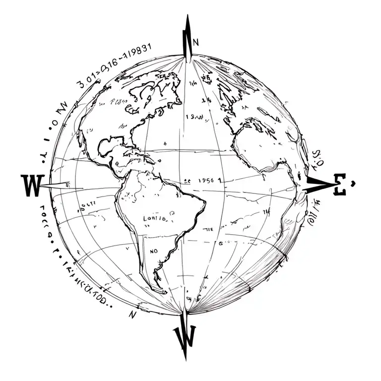 earth globe, a 3d compass star, Latitude 39.103118°N, Longitude 84.512020°W, and my birth date 08/16/1961 tattoo design idea