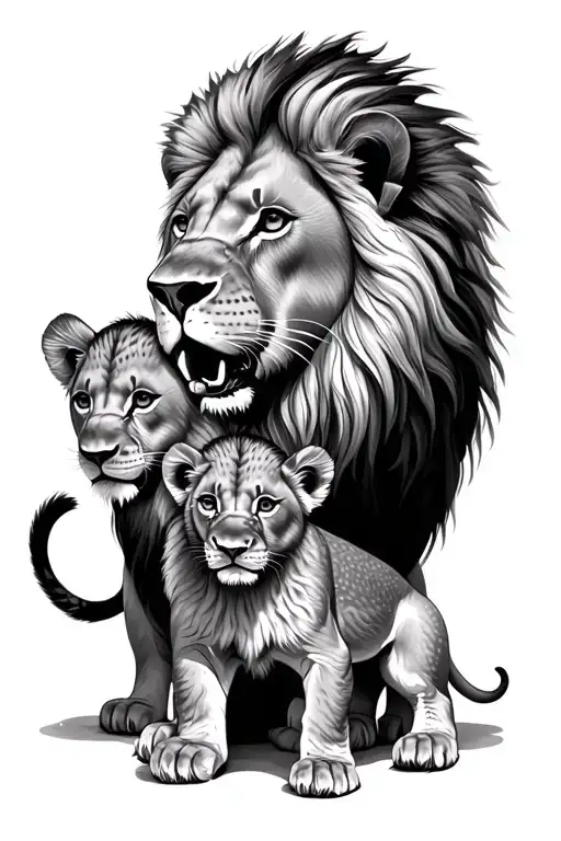 1 male lion 1 female lion 2 lion cubs playing tattoo design idea