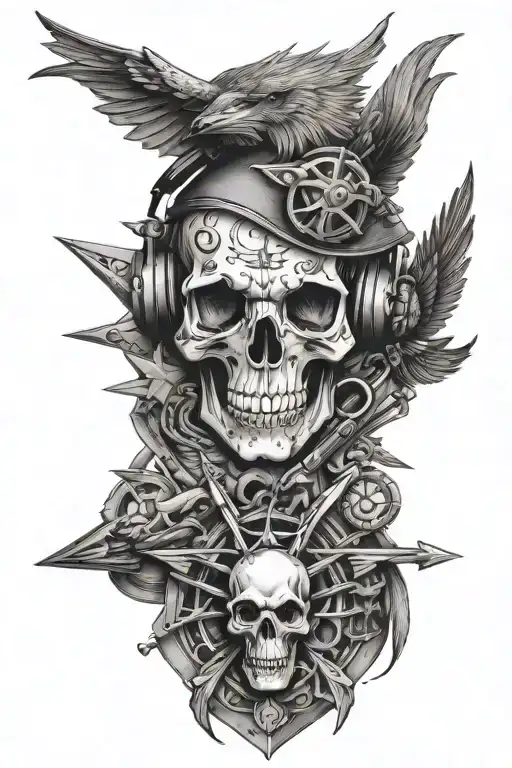 2 sparrows, a squid, nautical star, pig and rooster, skull with headphones and an arrow through it, crossed cannons tattoo design idea