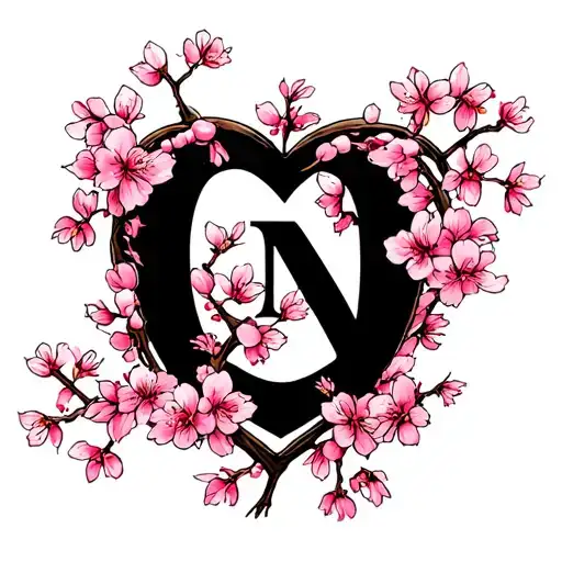 Letters C and N Ensemble surrounded by a heart of rosy Japanese cherry branches tattoo design idea
