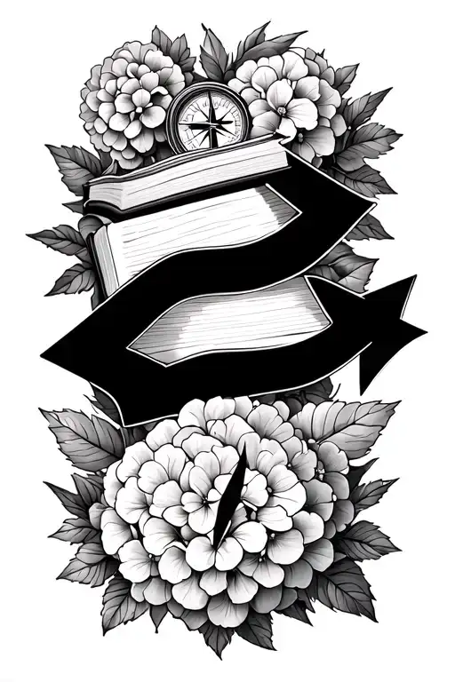 3 arrows pointing same direction with a compass, hydrangeas and a book tattoo design idea