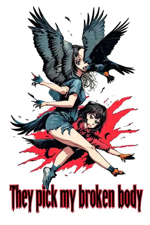 The text" They pick at my broken body" in a bold font and an image of birds attacking a girl tattoo design idea