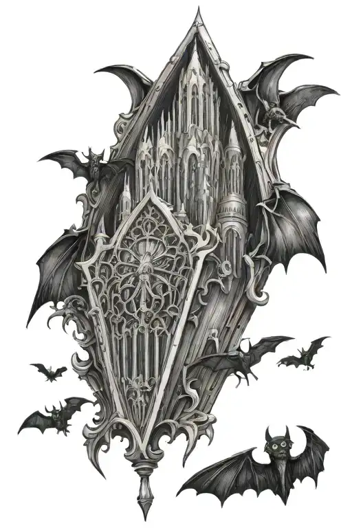 gothic cathedral in a coffin with bat wings tattoo design idea