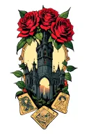 dark tower with roses surrounded by three tarot cards tattoo design idea