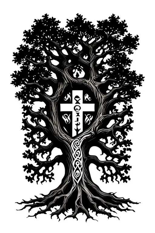 "MCMXCVIII" a  oak tree with deep roots and with orthodox cross in the background  tattoo design idea