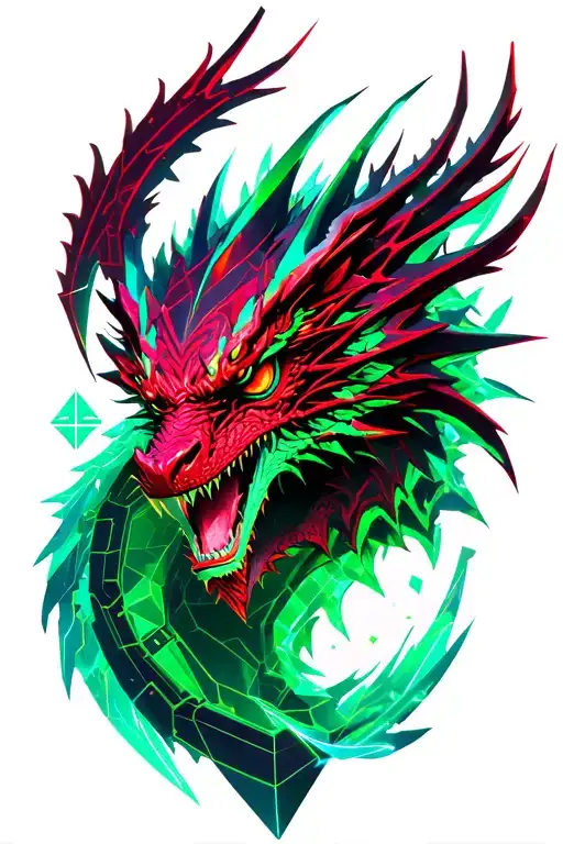 Red dark and green Cristal in 3d with hiden cyber dragon tattoo design idea
