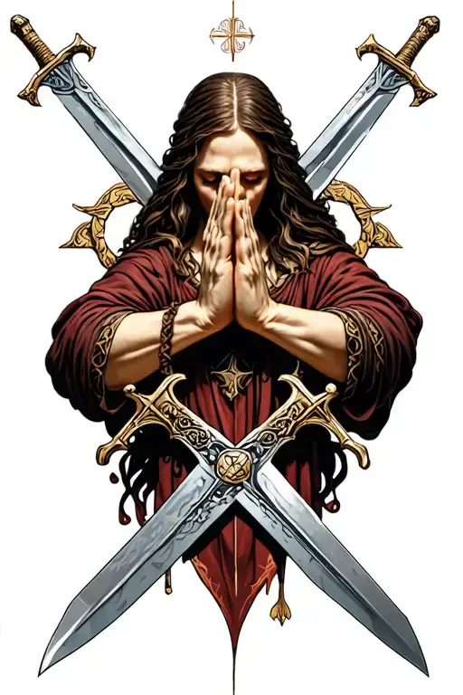 belong to the god w hands praying and swords crossing tattoo design idea