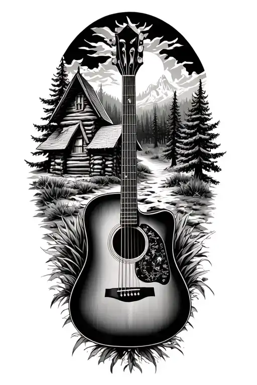 accoustic guitar surrounded by log cabin scene inside tattoo design idea