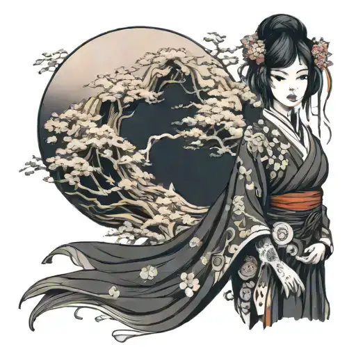 dark and mysterious girl with a long dress standing tattoo design idea