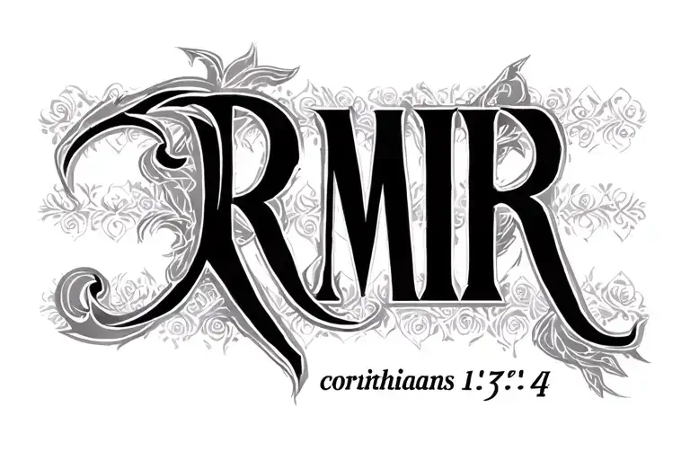 the name Rmir split in the middle vertically with the phrase corinthians 13:4 in between the name tattoo design idea