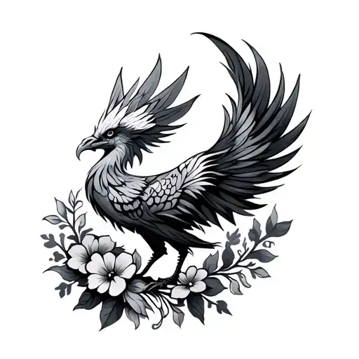 Tribal Phoenix with flowers tattoo design idea