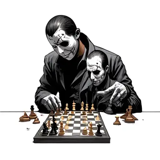 Micheal Myers's playing chess with Jason Then in the background Freddy Kruger standing between them inspecting the game tattoo design idea
