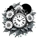 time piece with daisy flowers and clouds surrounding tattoo design idea