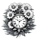 time piece with daisy flowers and clouds surrounding tattoo design idea