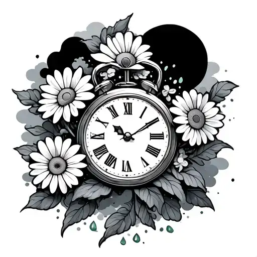 time piece with daisy flowers and clouds surrounding tattoo design idea