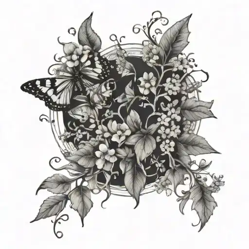 Make me a wraparound forearm tattoo of vines spreading, tiny flowers, and a moth  tattoo design idea