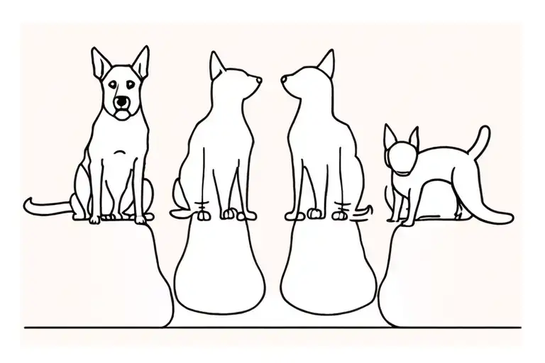 Simple line of 4 animals sitting side by side facing away from me; 2 dogs a German shepherd and a dachshund and 2 cats  tattoo design idea