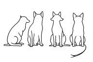 Simple line of 4 animals sitting side by side facing away from me; 2 dogs a German shepherd and a dachshund and 2 cats  tattoo design idea