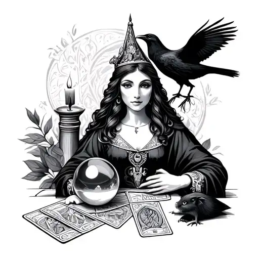 beautiful fortune teller with tarot cards, crystal ball, candle and raven and rat in the background  tattoo design idea