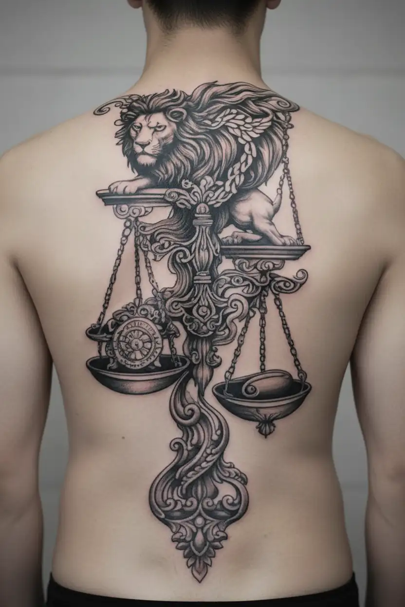 lion and Libra scale showing balance tattoo design idea