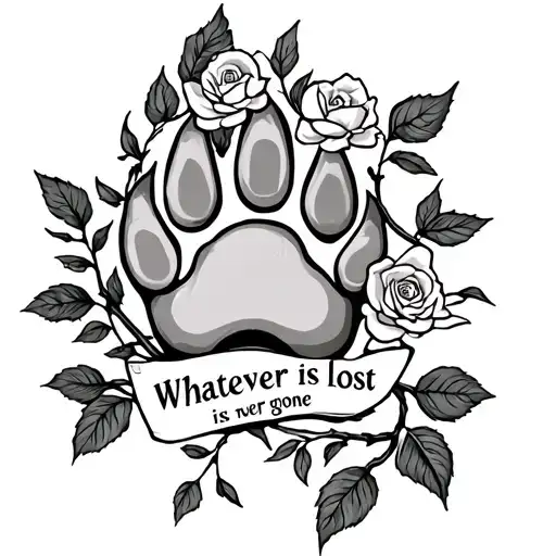 A dog paw with a rose vine going through it with the words, "whatever is lost, is never gone." tattoo design idea